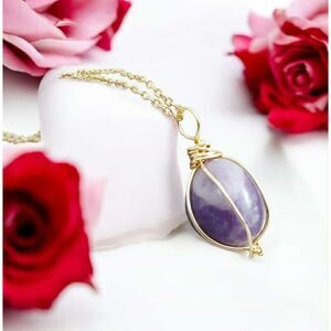 Lepidolite Gemstone Wire Wrapped Pendant Necklace, Adjustable Purple Stone